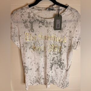 All Saints White and Gray Tee with Gold Accents